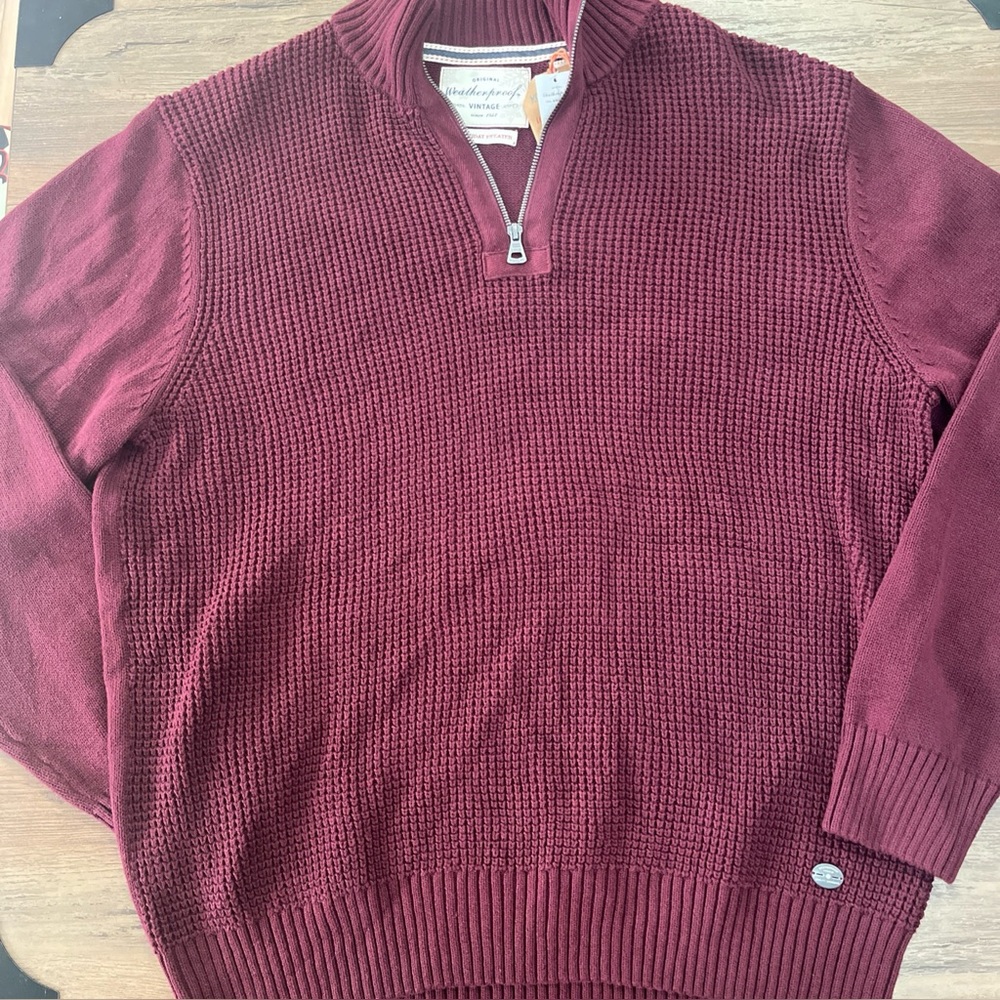 Weatherproof Sweater Mens  XL Burgundy Waffle Knit Pullover Long Sleeve 1/4 Zip